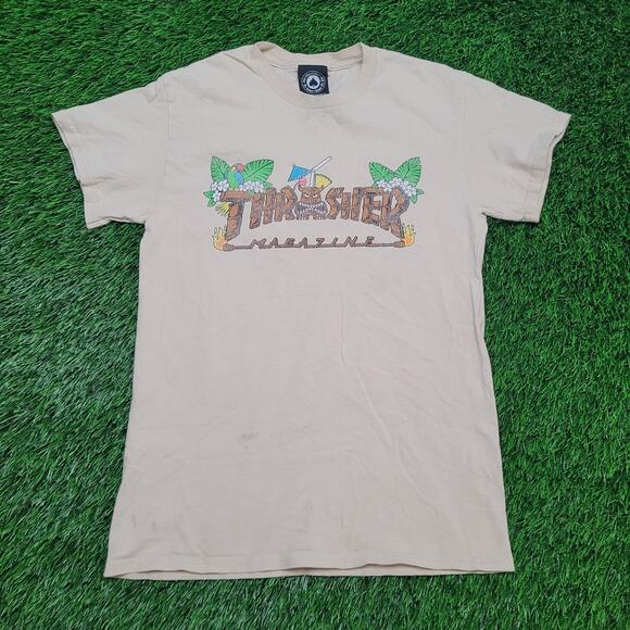 Thrasher Magazine Hawaiian Tiki Logo Skate T-Shirt Mens Small Tan - Picture 1 of 10